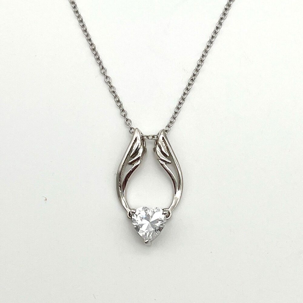 Guardian Angel Wings Austrian Crystal Heart  Pendant Necklace 925 Silver 17”